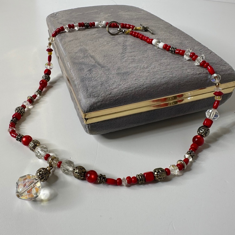 Handmade Beaded Necklace‎ Faceted Drop Pendant Red White Filigree Spacers Boho